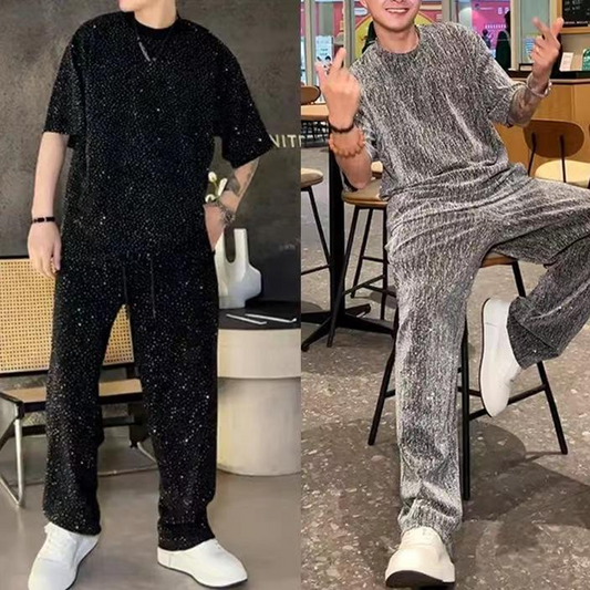 メンズ半袖トップス＆ワイドレッグパンツ 2点セット